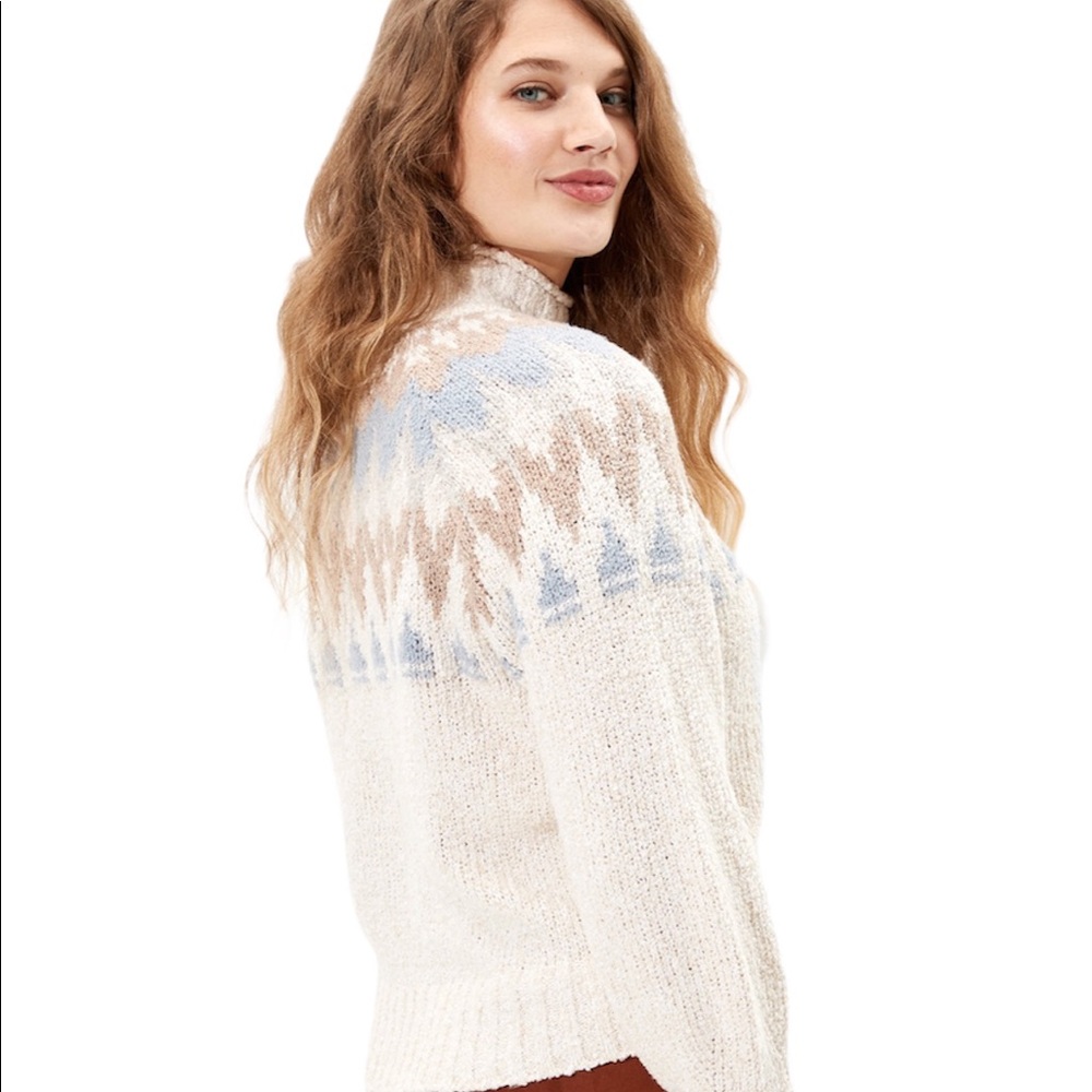 AEO | Women’s Fairisle Cream Tan Blue Fall Boho Mock Neck Sweater | Size XS